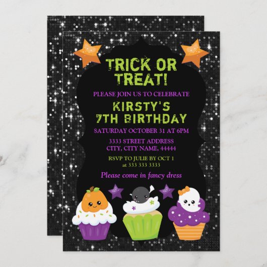 かわいいハロウィーンカップケーキ誕生日 招待状 (正面/裏面)