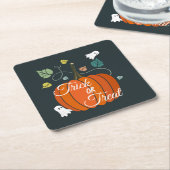 かわいいハロウィーンカボチャと幽霊のトリックまたはトリート スクエアペーパーコースター (アングル)