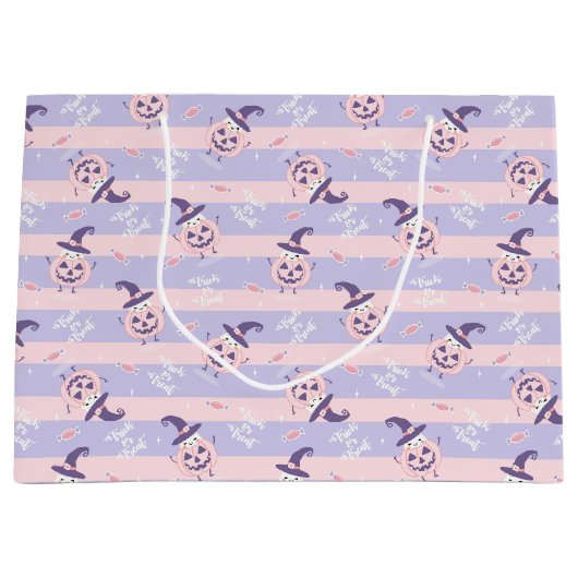 かわいいハロウィーンカボチャと魔女帽子パターン ラージペーパーバッグ (正面)