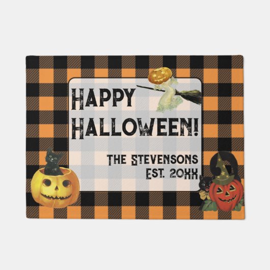 かわいいハロウィーンカボチャカスタムンの家族の名前 ドアマット (正面)