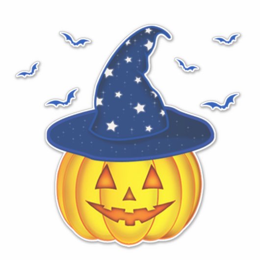 かわいいハロウィーンカボチャ魔女の帽子とこうもり シール (正面)