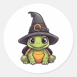 かわいいハロウィーンカメと魔女の帽子。 ラウンドシール