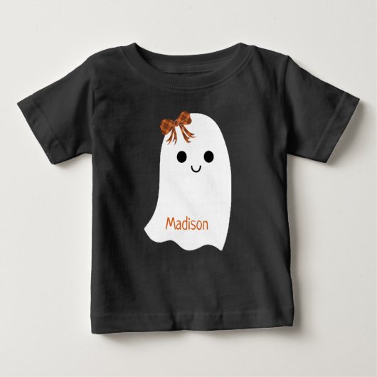 かわいいハロウィーンガール幽霊プレイドボウキッズ名 ベビーTシャツ (正面)