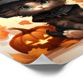 かわいいハロウィーンキットン葉ウィッチとカボチャ ポスター (角)