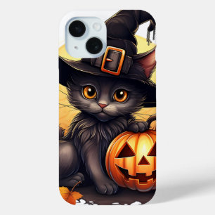 かわいいハロウィーンキャットウィッチオンパンプキン秋シーズン iPhone 15ケース