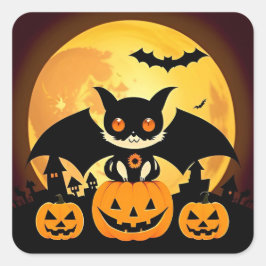 かわいいハロウィーンキャットキャラクターとカボチャ スクエアシール