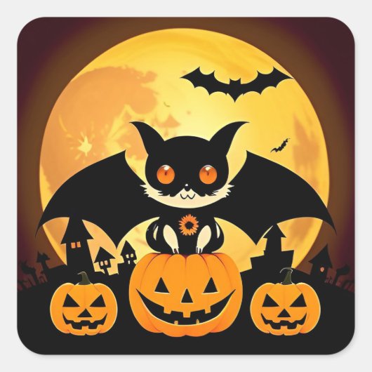 かわいいハロウィーンキャットキャラクターとカボチャ スクエアシール (正面)