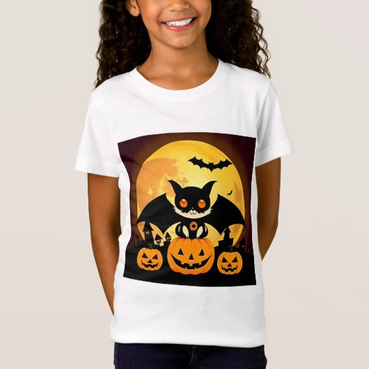 かわいいハロウィーンキャットキャラクターとカボチャ Tシャツ (正面)