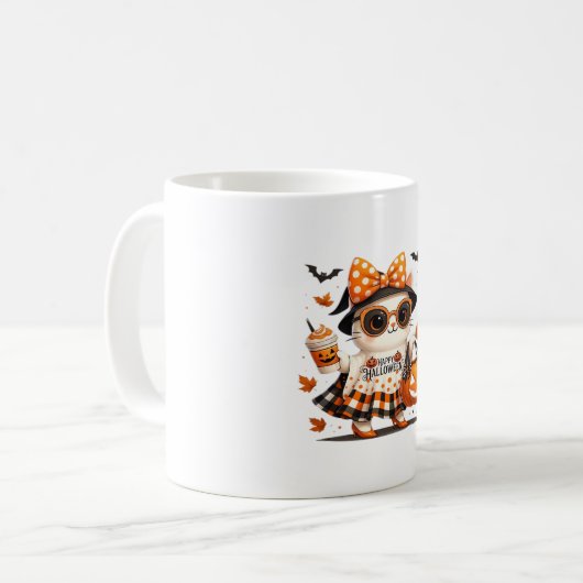 かわいいハロウィーンキャット – かわいい魔女子猫とカボチャ コーヒーマグカップ (正面左)