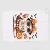 かわいいハロウィーンキャット – かわいい魔女子猫とカボチャ ゴルフタオル (横)