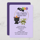 かわいいハロウィーンキャット、こうもり&ミムーブー誕生日 招待状 (正面/裏面)
