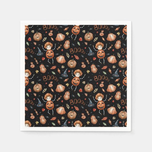 かわいいハロウィーンテーマカボチャ&ボス スタンダードカクテルナプキン (正面)