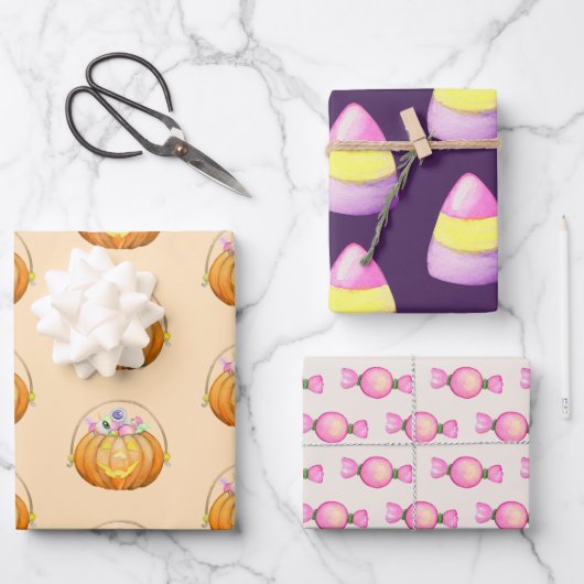 かわいいハロウィーントリックまたはキャンディ ラッピングペーパーシート (正面)