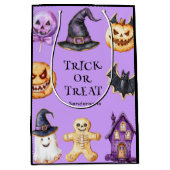 かわいいハロウィーントリックまたはトリートパープル抱き枕 ミディアムペーパーバッグ (正面)