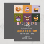 かわいいハロウィーントリックまたはトリート誕生日招待状 サンキューカード (正面/裏面)