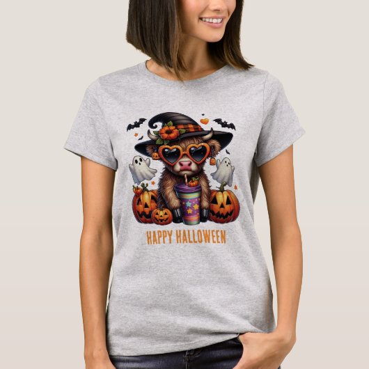 かわいいハロウィーンハイランドカウコーヒーパーソナライズされた Tシャツ (正面)