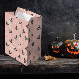 かわいいハロウィーンピンクのボーンかわいい ミディアムペーパーバッグ