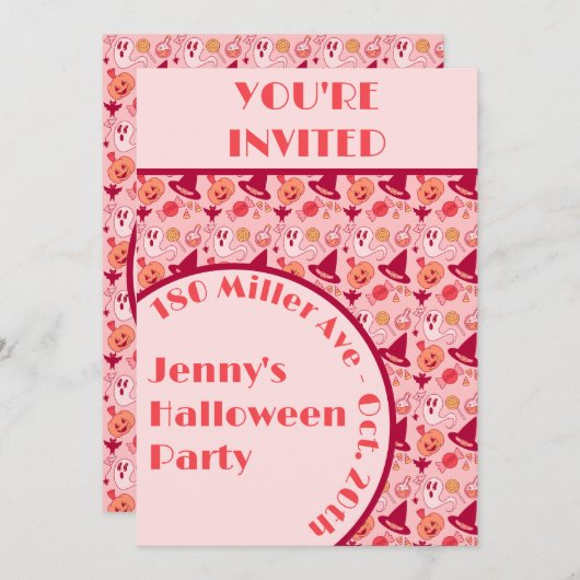 かわいいハロウィーンピンクガールパーティの招待状 招待状 (正面/裏面)