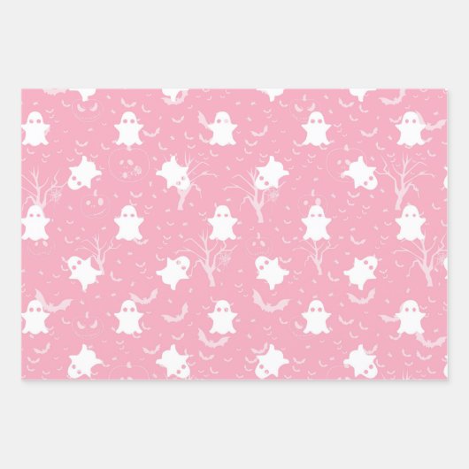 かわいいハロウィーンピンク幽霊とこうもり ラッピングペーパーシート (正面3)