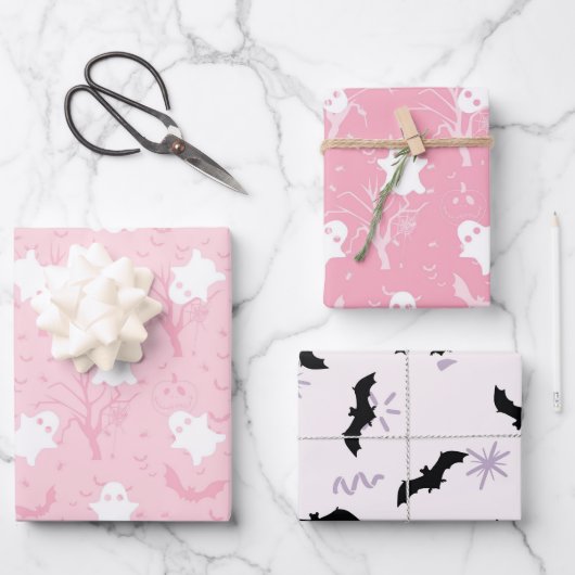 かわいいハロウィーンピンク幽霊とこうもり ラッピングペーパーシート (正面)