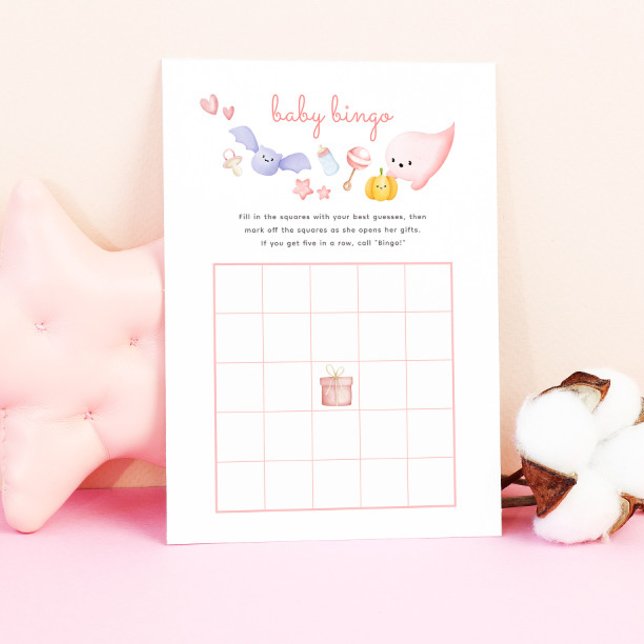 かわいいハロウィーンピンク幽霊ベビーシャワービンゴゲーム (pink baby shower bingo game with cute ghost and halloween illustrations)