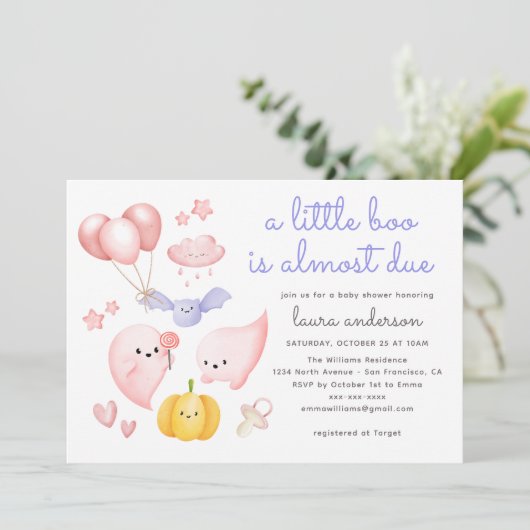 かわいいハロウィーンピンク幽霊小さなブーブベビーシャワー 招待状 (スタンド正面)