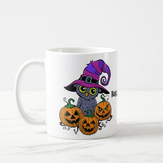 かわいいハロウィーンフクロウとカボチャのユーモア コーヒーマグカップ (左)