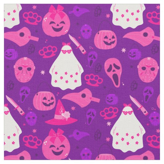 かわいいハロウィーンフローラ幽霊ピンク ファブリック (クローズアップ)
