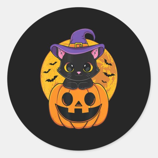 かわいいハロウィーンブラックキャットウィッチハットカボチャ ラウンドシール (正面)