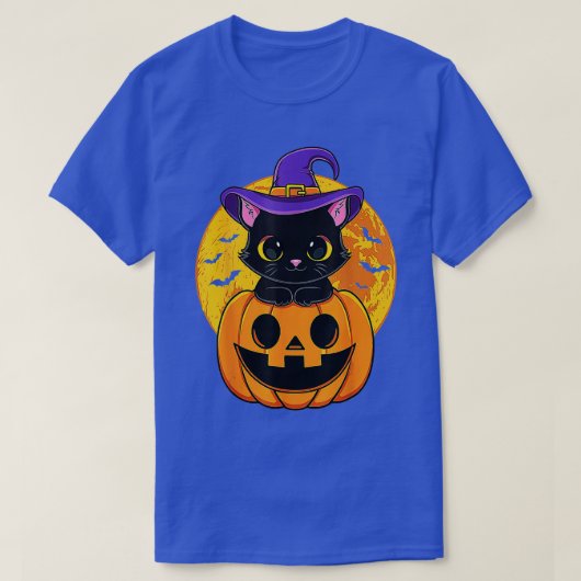 かわいいハロウィーンブラックキャットウィッチハットカボチャ Tシャツ (デザイン正面)