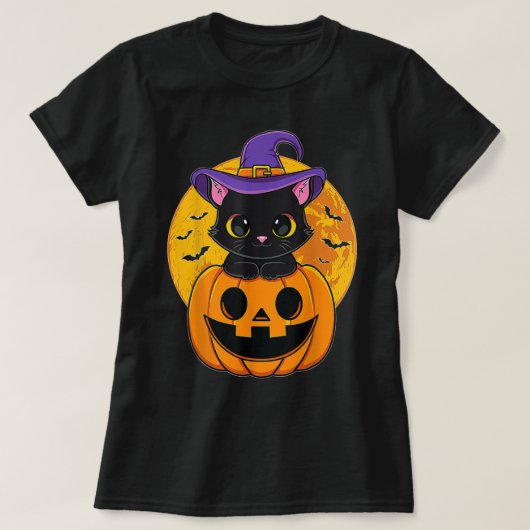 かわいいハロウィーンブラックキャットウィッチハットカボチャ Tシャツ (デザイン正面)