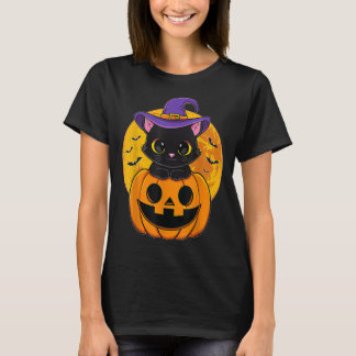 かわいいハロウィーンブラックキャットウィッチハットカボチャ Tシャツ