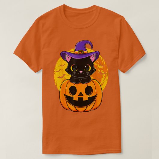 かわいいハロウィーンブラックキャットウィッチハットカボチャ Tシャツ (デザイン正面)