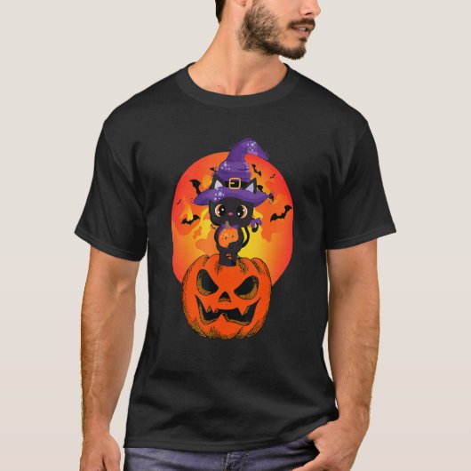 かわいいハロウィーンブラックキャットウィッチハットカボチャ Tシャツ (正面)