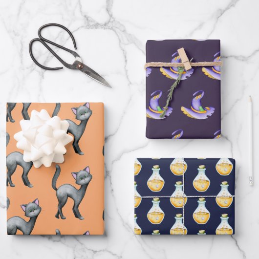 かわいいハロウィーンブラックキャットウィッチハットポーション ラッピングペーパーシート (正面)