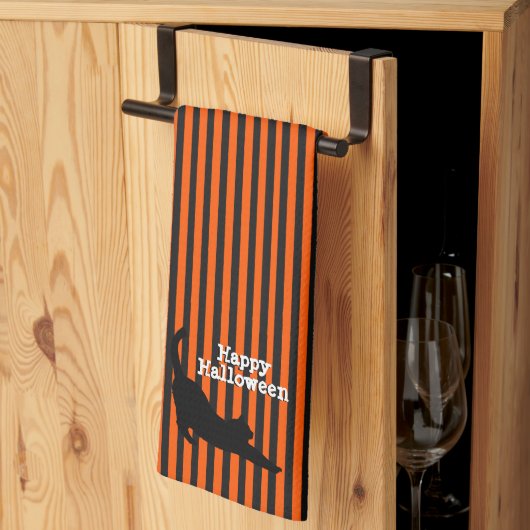 かわいいハロウィーンブラックキャットストレッチオレンジストライプ色 キッチンタオル (三つ折り)