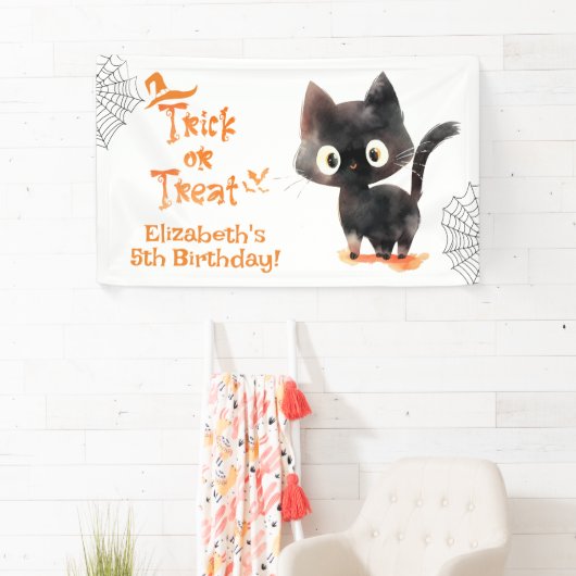 かわいいハロウィーンブラックキャットトリックまたは誕生日おごり 横断幕 (インサイチュ)