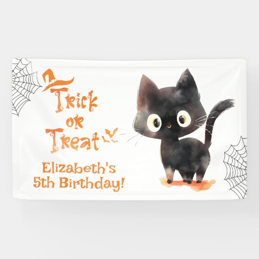 かわいいハロウィーンブラックキャットトリックまたは誕生日おごり 横断幕 (横)