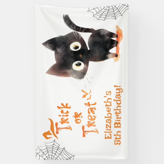 かわいいハロウィーンブラックキャットトリックまたは誕生日おごり 横断幕 (縦)