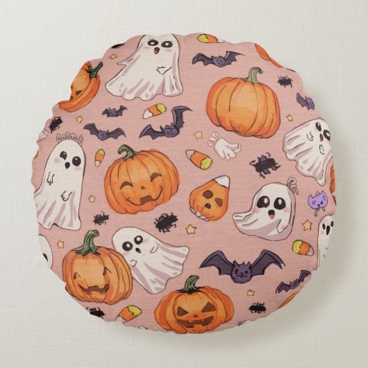 かわいいハロウィーン丸い枕 – カボチャ&幽霊 ラウンドクッション (正面)