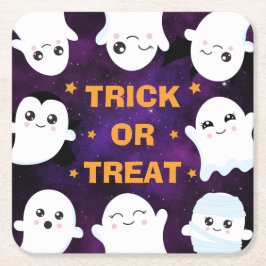 かわいいハロウィーン幽霊たちのトリックまたはトリート スクエアペーパーコースター