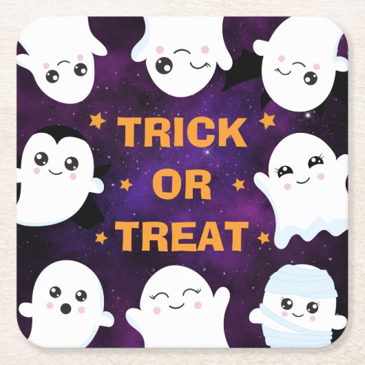 かわいいハロウィーン幽霊たちのトリックまたはトリート スクエアペーパーコースター (正面)