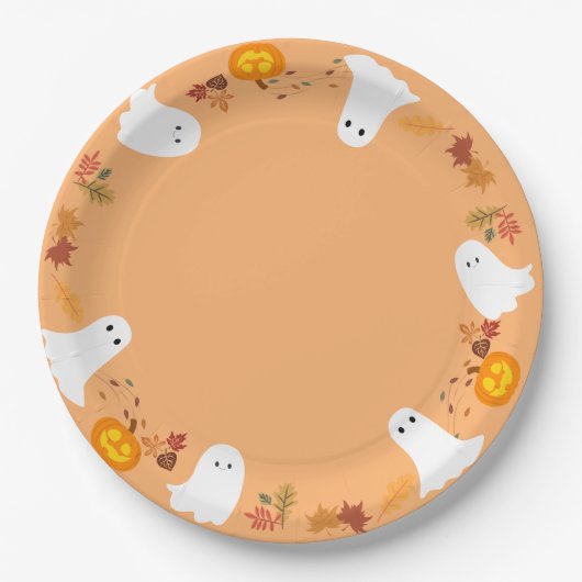 かわいいハロウィーン幽霊とカボチャ ペーパープレート (正面)