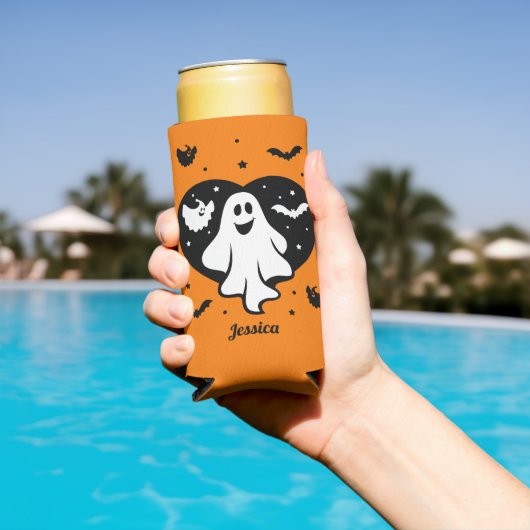 かわいいハロウィーン幽霊とハートとこうもり スリム缶クーラー (インサイチュ プール)