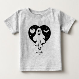 かわいいハロウィーン幽霊とハートとこうもり ベビーTシャツ