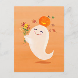 かわいいハロウィーン幽霊と花オレンジ色はがき ポストカード