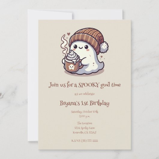 かわいいハロウィーン幽霊イン秋ビーニー&ホットココア 招待状 (正面)