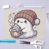 かわいいハロウィーン幽霊イン秋ビーニー&ホットココア 薄葉紙 (クラフト)
