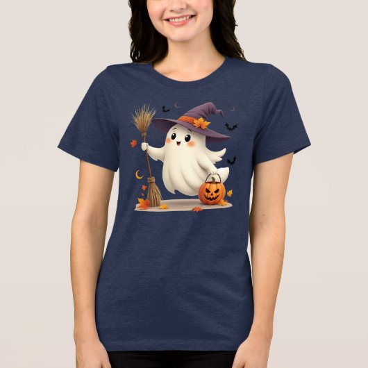 かわいいハロウィーン幽霊ウィッチTシャツ トライブレンドＴシャツ (正面)