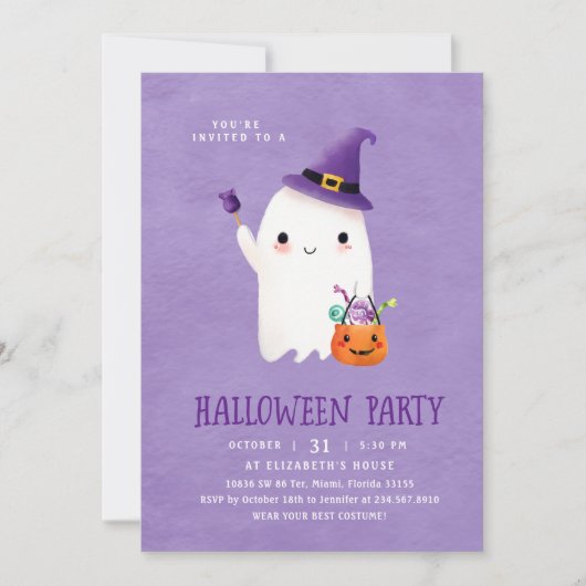 かわいいハロウィーン幽霊キッズパーティー 招待状 (正面)